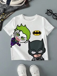 BATMAN X SHEIN 小男孩夏季休闲卡通图案短袖白色T恤 - 白色 - 查看 1