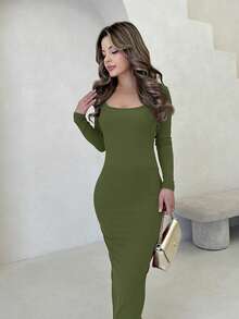 Jemour Autumn Wear Solid Color Square Neck Tight Black Long-Sleeved Dress - Army Green - View 6