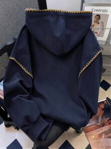 INAWLY 女士大码卫衣/休闲简约时尚卫衣/时尚上衣/趣味卫衣/宽松圆领长袖卫衣，适合秋冬季节/女士春季套头衫，女士大码蕾丝撞色连帽卫衣，长袖上衣，返校秋冬卫衣 - 藏蓝色 - 查看 3