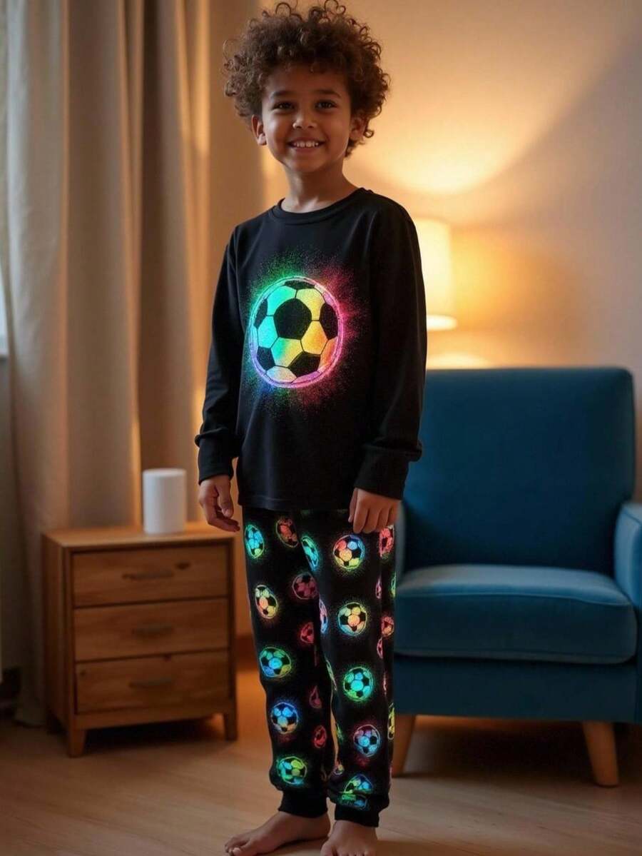 Tween BoyBlack Base Minimalist Blue Print Long Sleeve Snug Fit Loungewear Set - Multicolor - View 1