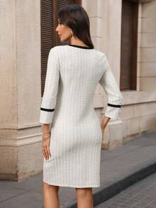 EMERY ROSE 女士优雅纹理饰边长袖迷你连衣裙，秋季 - 白色 - 查看 2