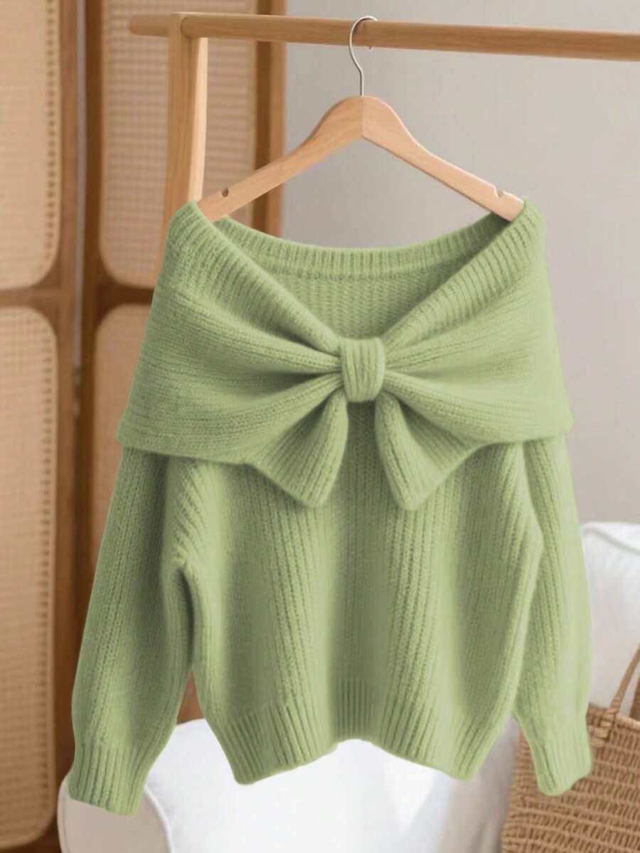 GlowEve 秋冬新款褶皱柔软优雅简约优雅超大蝴蝶结圆领长袖粗针织毛衣女 - 薄荷綠 - 查看 1