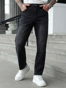 Manfinity Homme Men's Casual Everyday Commute Simple Versatile Solid Color Straight Leg Jeans - Black - View 5