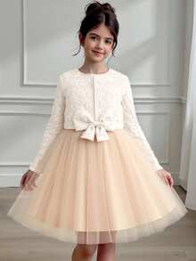 2 件套青少年女孩服装，包括提花编织圆领无袖背心、网眼蝴蝶结连衣裙和长袖开衫，适合秋季上学的百搭休闲装 - 卡其色 - 查看 3