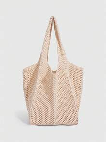 ROMWE Fairycore 1 chiếc túi xách nữ kiểu khu nghỉ dưỡng bãi biển nhiệt đới, dệt rỗng, màu kaki, dung tích lớn. - Màu trắng - Xem 8