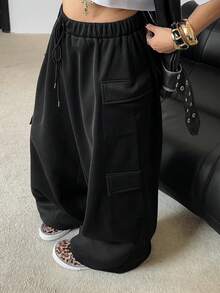 POPSWAY 大码女式纯色抽绳腰阔腿抓绒运动裤 - 黑色 - 查看 4