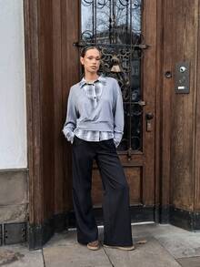 Modviera 2-In-1 Faux Brushed Plaid Shirt Collar Commuter Outfit, Elegant Style For Autumn Grey Wrap Top Wide Leg Pants Black Pants Blouse And Pants Set Plaid Top