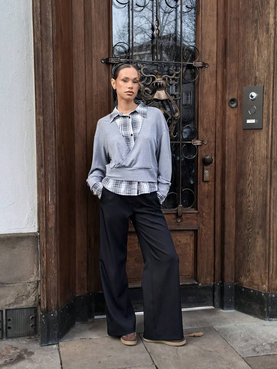 Modviera 2-In-1 Faux Brushed Plaid Shirt Collar Commuter Outfit, Elegant Style For Autumn Grey Wrap Top Wide Leg Pants Black Pants Blouse And Pants Set Plaid Top