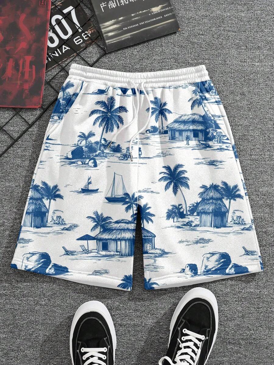 Manfinity Dauomo 男士全印花口袋抽绳腰休闲短裤，夏季 - 彩色 - 查看 1