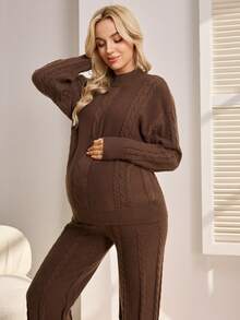 SHEIN 孕妇毛衣套装，宽松版型，扭绳花卉图案，长袖套头毛衣和毛衣裤，秋冬季 - 棕色 - 查看 5