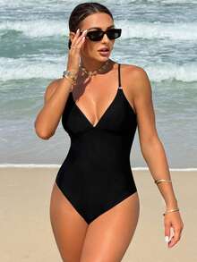 Swim Vcay Summer Beach Vacation Sexy Solid Color Backless Simple Strap One-Piece Swimsuit - Black - View 3