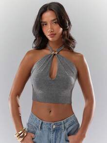 Glamine Fashionable Sexy Cropped Backless Halter Knit Top - Grey - View 3