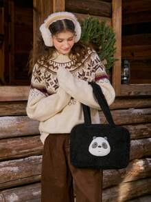 We Bare Bears X SHEIN 1pc Black Fashion Portable Doll Head Design Large Capacity Tote Bag For Women - Black - View 3