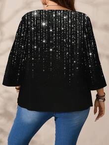 EMERY ROSE Plus Size Women Casual Loose Fit Glitter Star Print Round Neck 3/4 Sleeve Blouse, Suitable For Autumn/Winter, New Year, Valentine's Day - Multicolor - View 4