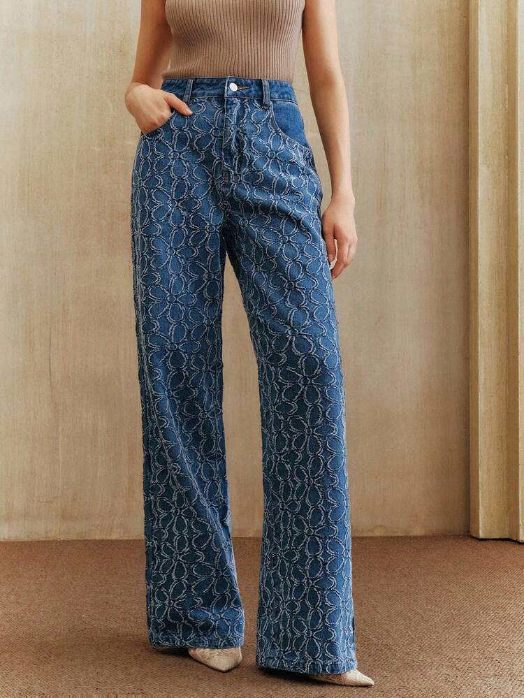 Women's Fashionable Jacquard Weave Blue Straight Leg Jeans