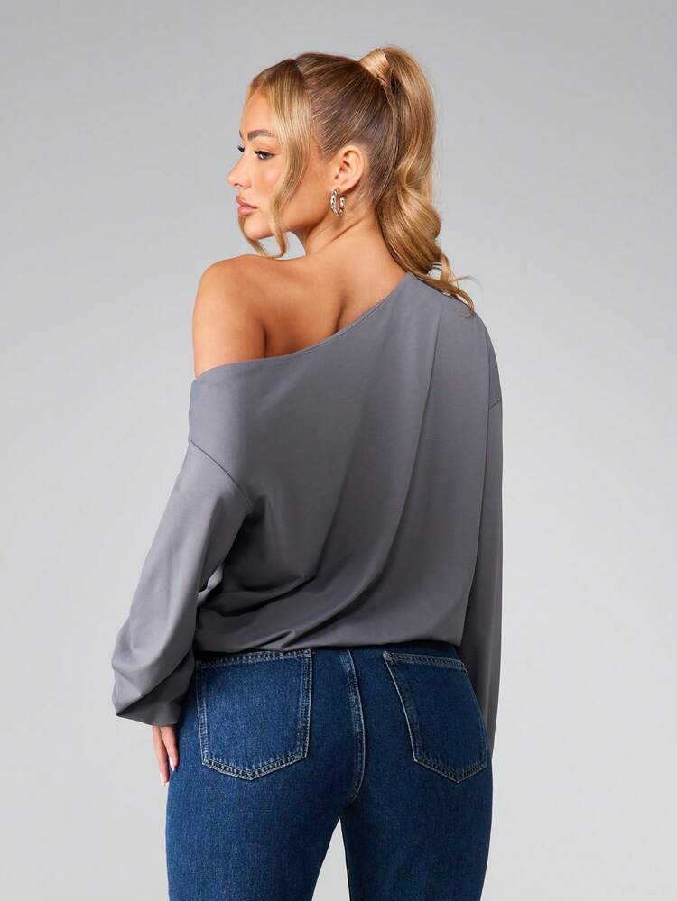 MISSGUIDED 메탈 아일렛 디테일이 있는 오프 숄더 긴팔 탑 비대칭 네크라인 원 숄더 디자인 드롭 숄더 핏 가을 겨울용 캐주얼 블라우스