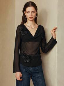 Arave Sexy Black 3D Floral Square Neck Sheer Blouse For Women New Year - Black - View 7