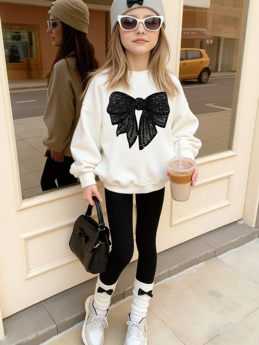 Elladie kids 适合少女的舒适秋冬款式,休闲时尚创意个性清新优雅简约黑色亮面蝴蝶结印花卫衣和打底裤两件套,秋冬季舒适穿搭 - 彩色 - 查看 1