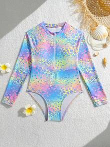 SHEIN 少女连体泳衣，渐变豹纹印花，拉链设计，长袖，易于穿脱，休闲泳装 - 彩色 - 查看 4
