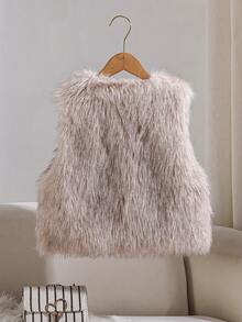 Sparklyn 1pc Tween Girls Sleeveless Short Faux Fur Vest, Elegant & Refined, Suitable For Autumn/Winter Outfits - Apricot - View 2