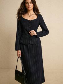 Poéselle 女士优雅通勤条纹外套和裙子套装 - 藏蓝色 - 查看 3