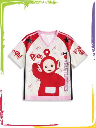 Teletubbies X ROMWE Camiseta de mujer de manga corta con cuello en V, estampado de dibujos animados y letras, y bloques de color, para el verano