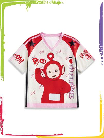 Teletubbies X ROMWE 女士休闲撞色卡通字母图案V领短袖T恤，夏季