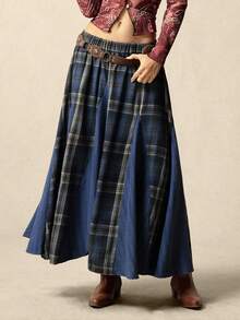 SoleilVie 休闲复古不对称拼接格子裙 - 藍色 - 查看 4