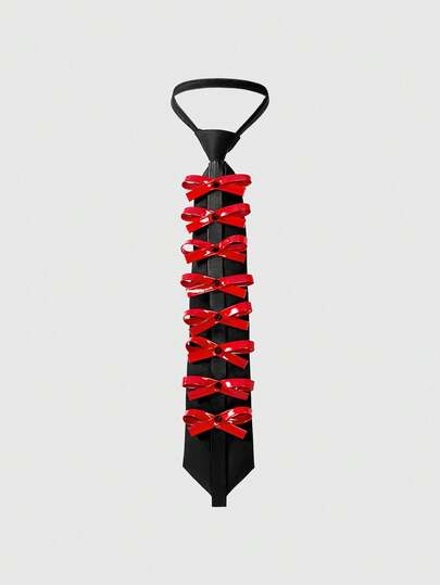 Goth 1pc Black & Red Y2K Bowknot Metal Rivet Decor Necktie, Fashion Minimalist Unisex Accessory Suitable For Daily, School, Outing, Party, Date And More