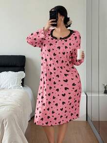 Dream Adore Heart V-Neck Ruffle Trim Mid-Length Long Sleeve Women Nightgown - Pink - View 3