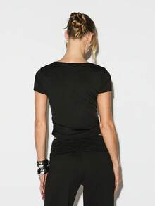 KIZN Áo thun tay ngắn cổ bẻ dáng ôm vừa vặn cho bé, thường ngày, cơ bản, mùa hè, mùa xuân, thiết yếu cho tủ đồ - màu đen - Xem 2