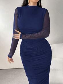 Modelyn 大码女式黑色网纱长袖高领褶皱设计优雅晚礼服，秋冬款 - 寶藍色 - 查看 2