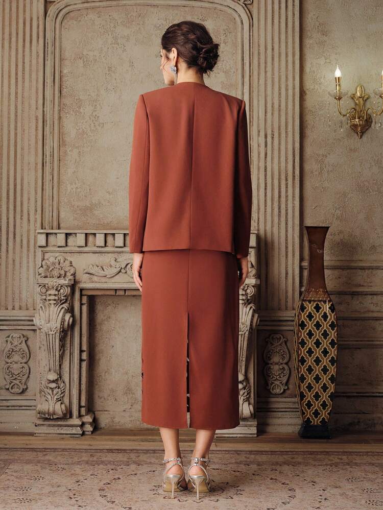 Ensemble élégant et formel pour femmes en 2 pièces : veste blazer brodée avec découpes et robe, convient pour les fêtes, le travail chic, la remise des diplômes, les mariages, robe rouge