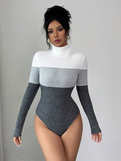 Elenzga Women's Turtleneck Patchwork Long Sleeve Bodysuit, Fitted, Contrast Color, Autumn/Winter