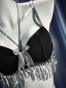Spicy Aura 4pcs Sexy Lingerie Set With Alluring Design Tassel Necklace Chain & Colorful Skirt For Women - Black - View 7