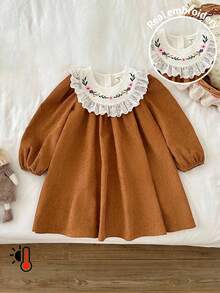 LMoss Kids Young Girls' Woven Contrast Embroidered Ruffled Casual Dress, Corduroy Material, Warm And Comfortable, Fall Dress For Girl, Girls Spring Autumn French Style Dress, Brown Dress For Girls, Autumn And Winter Young Girls Dress,Styles Comfortable Autumn & Winter,Cozy Fall & Winter Styles,Cozy Autumn And Winter Styles - Multicolor - View 1