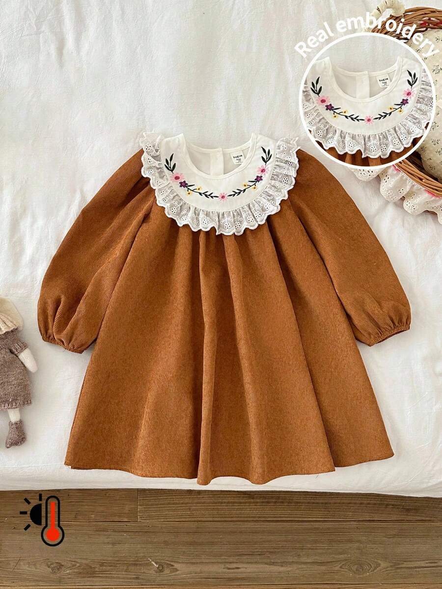 LMoss Kids Young Girls' Woven Contrast Embroidered Ruffled Casual Dress, Corduroy Material, Warm And Comfortable, Fall Dress For Girl, Girls Spring Autumn French Style Dress, Brown Dress For Girls, Autumn And Winter Young Girls Dress,Styles Comfortable Autumn & Winter,Cozy Fall & Winter Styles,Cozy Autumn And Winter Styles - Multicolor - View 1