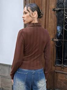Chiquease Women's Solid Color Button-Up Short Sleeve Shirt - Chocolate Brown - View 2