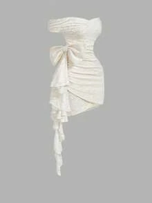 SHEIN MOD Women's Solid Color Waist Cinching Bow Decor Sexy Elegant Mini Dress Layered Ruffle Dress, ,Going Out Outfit,Vintage,Retro,Valentine's, ,Floral Dress For Women,Short Party Dress,Women's Country Clothing,Fairycore, - Apricot - View 4