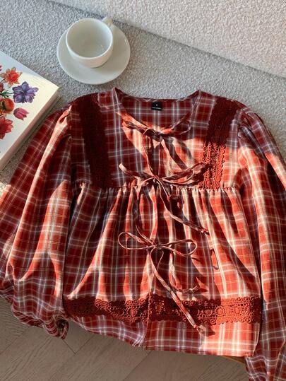 Comfortcana Red Plaid Lace Bow Loose Casual Cute Christmas New Year Home Shirt For Women, Autumn/Winter Plaid Top Burnt Orange Top Lantern Sleeve Blouse Lace Trim Top Red Tops For Women  Elegant, Vacation, Casual,  Y2k ,Clothes   Summer  Spring Valentine's Day Valentine Clothes  Carnival Beach  Birthday Party Wedding  Going Out  Outfits For Women Peasant Blouse Red Plaid Blouse