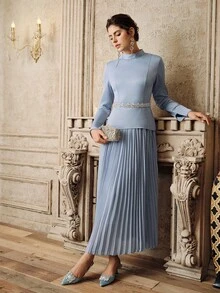 Anewsta Women's Elegant Pleated Long Sleeve Holiday Blue Winter Dress, A-Line Street Style Dress - Blue - View 6