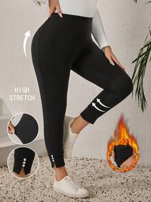 EMERY ROSE Damskie eleganckie, codzienne, czarne legginsy z podszewką termiczną i zdobionymi guzikami, w dużych rozmiarach, zimowe