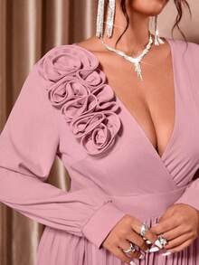 Elenzga Bộ đồ liền thân xếp ly rộng rãi thanh lịch cổ chữ V eo thon họa tiết hoa ba chiều dành cho nữ cỡ lớn - Bụi hồng - Xem 4