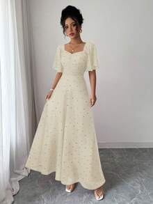 Modelyn 女士雪纺波点蝙蝠袖褶皱甜美法式夏季连衣裙 - 杏色 - 查看 4