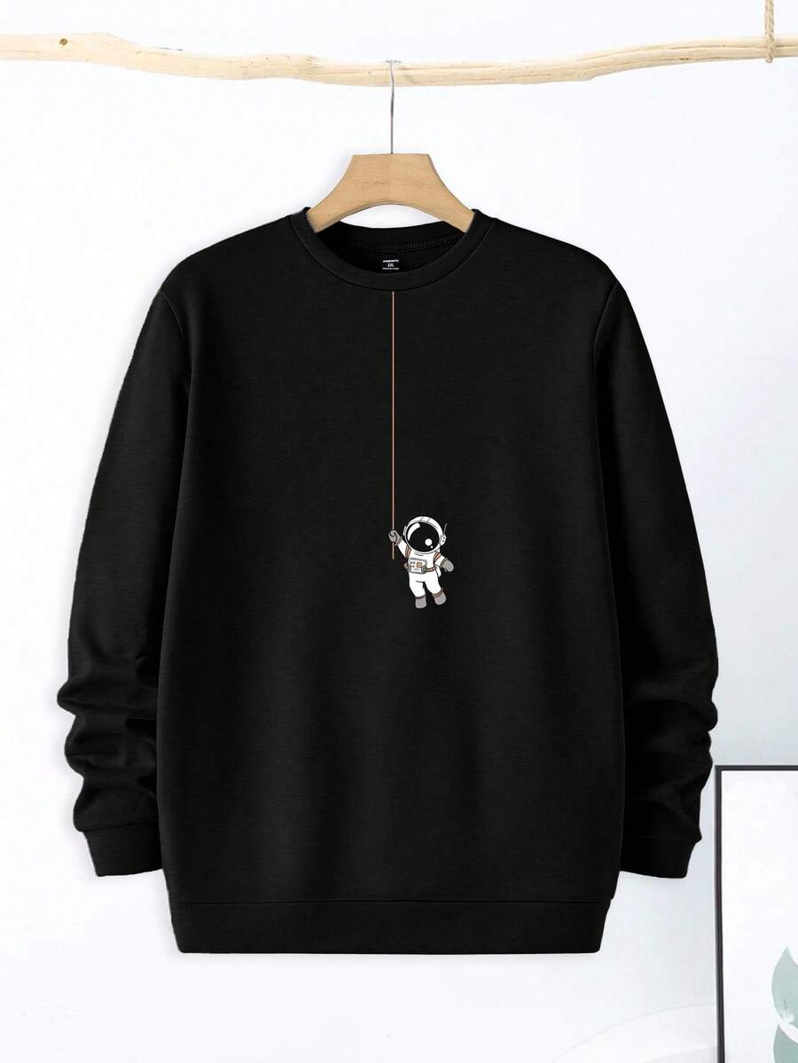 EASEVO 加大码男士时尚休闲印花套头卫衣 男士卫衣 男士黑色卫衣 黑色图案卫衣 黑色刺绣卫衣