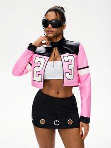 SHEIN EZwear Women's Race Car Driver Y2K Number Pattern Color-Blocked Leather Zip Up Cropped Jacket In Fall/Winter - Pink - View 3