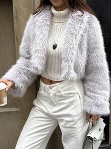 SHEIN Unity 1件女士奢华优雅仿毛皮内衬外套，酒红色 - 淺灰色 - 查看 1