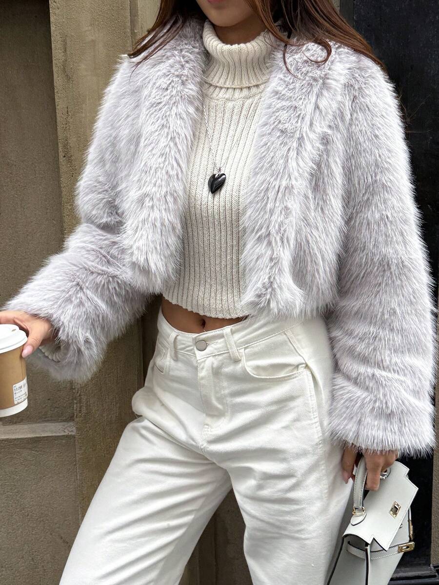 SHEIN Unity 1件女士奢华优雅仿毛皮内衬外套，酒红色 - 淺灰色 - 查看 1