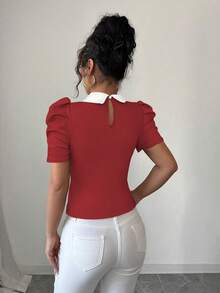 Elenzga Áo thun nữ dáng ôm cổ đính hạt đen trắng tương phản thanh lịch mặc hàng ngày - Đỏ - Xem 2