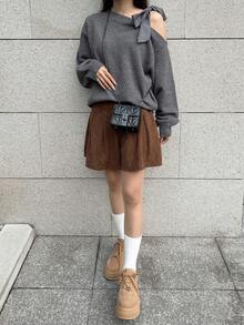 FRIFUL Áo len dài tay thắt nơ vai màu tương phản, dáng rộng, thường ngày, đa năng, mùa thu cho nữ - Màu xám đen - Xem 2